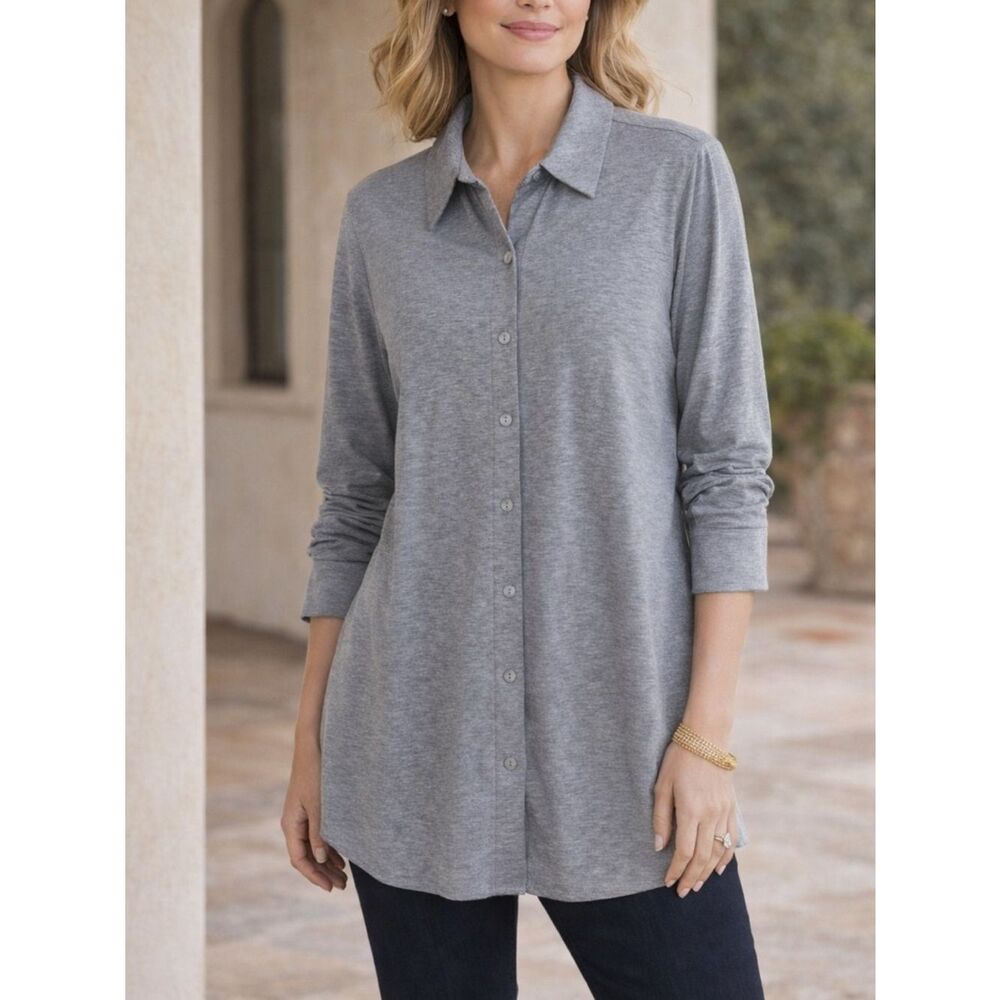 Soft Surroundings Gray Knit Button Front Tunic Shirt Top Women’s Large